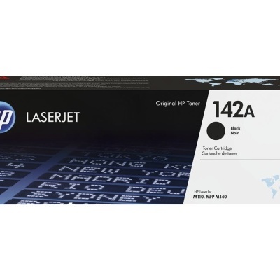 Cartucho de toner HP LaserJet 142A preto em caixa preta e branca.
