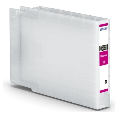 Cartucho de tinta Epson magenta com etiquetas e fundo branco