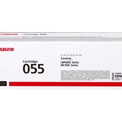 Caixa branca de cartucho de tinta Canon Cartridge 055 com texto e pontos coloridos