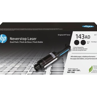 Embalagem de toner HP Neverstop Laser Dual Pack preta com texto e código 143AD
