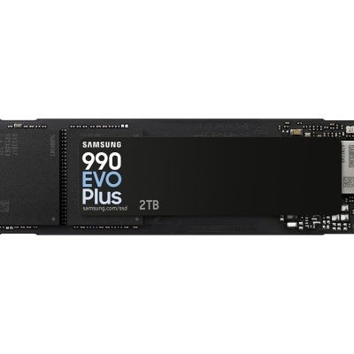 SSD Samsung 990 EVO Plus 2TB preto com etiqueta preta e texto em branco e azul