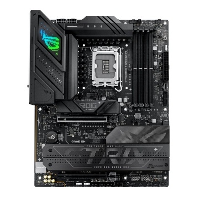 Placa-mãe ASUS ROG STRIX preta com logo iluminado e dissipadores de calor