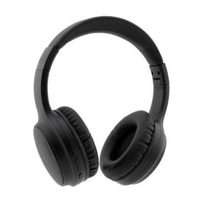 Auscultadores pretos sem fios com almofadas e arco acolchoado sobre fundo branco