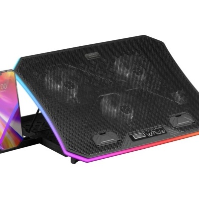 Base de arrefecimento para portátil preta com ventoinhas e suporte para telemóvel