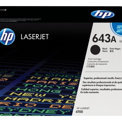 Cartucho de impressão HP LaserJet 643A preto numa embalagem preta e branca