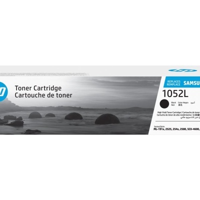 Caixa de toner HP preta 1052L para impressora com imagem de pedras na praia