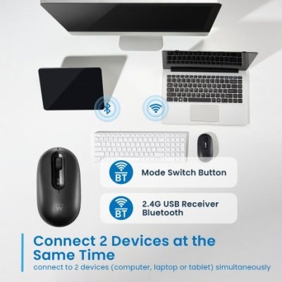 Rato sem fios preto com teclado, tablet e portátil numa mesa branca, mostrando ligação Bluetooth e USB.