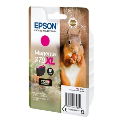 Cartucho de tinta Epson Magenta 378XL com embalagem e imagem de esquilo