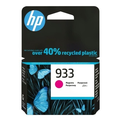 Cartucho de tinta HP 933 magenta numa embalagem com borboletas azuis