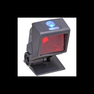 Leitor de código de barras preto com visor vermelho e luz azul