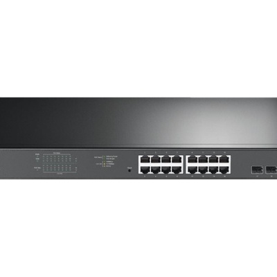 Switch de rede preto TP-Link com 16 portas Ethernet e portas SFP