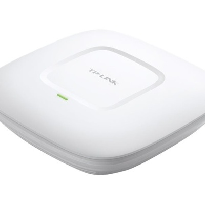 Ponto de acesso Wi-Fi TP-LINK branco com luz verde e design quadrado arredondado