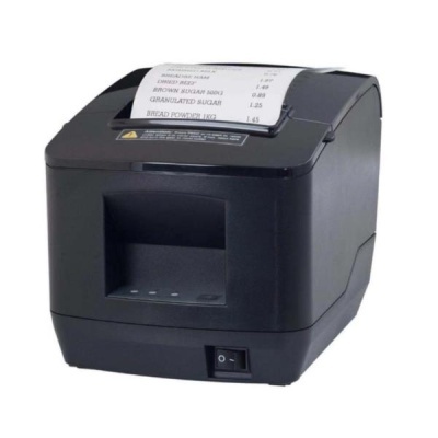 Impressora térmica preta para recibos com papel térmico e texto impresso