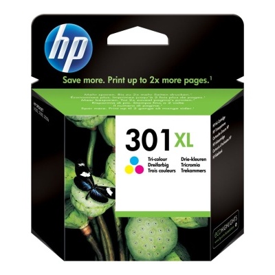 Cartucho HP 301 XL tri-color em embalagem preta e verde com texto informativo