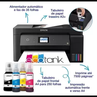 Impressora Epson EcoTank preta com tinteiros de tinta colorida e texto explicativo sobre funcionalidades
