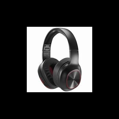 Auriculares sem fios pretos com detalhes vermelhos e acabamento metálico