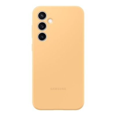 Smartphone Samsung com capa bege e três câmaras traseiras