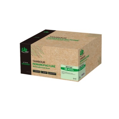 Embalagem de tambor remanufaturado Brother DR-421CL em papel castanho com detalhes verdes e pretos