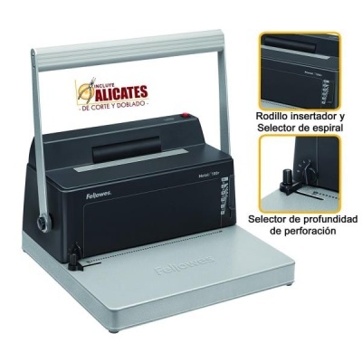 Encadernadora manual Fellowes cinza e preta com alavanca metálica e seletor de espiral e profundidade.