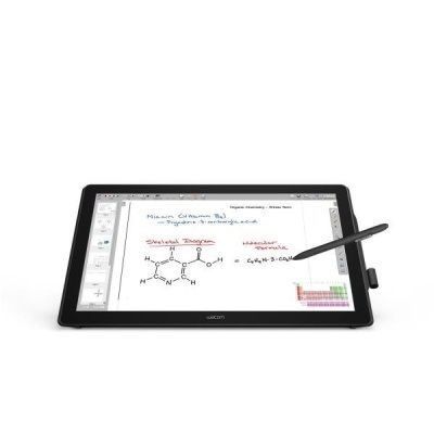 Tablet gráfico Wacom preto com caneta digital a escrever notas científicas coloridas no ecrã