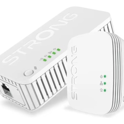 Adaptador de rede powerline branco da marca STRONG com LEDs verdes