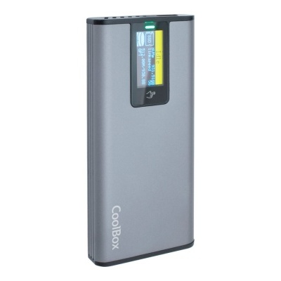 Bateria externa portátil cinzenta com ecrã digital e texto