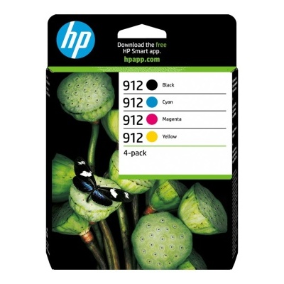 Embalagem de tinteiros HP 912 para impressora em quatro cores com imagem de frutos verdes.