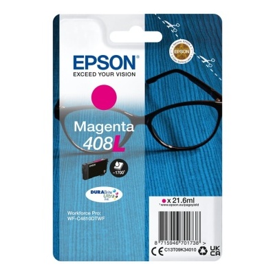Embalagem de tinta Epson Magenta 408L com 21,6 ml e óculos no fundo