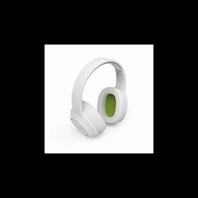 Auriculares over-ear brancos com almofadas verdes sobre fundo branco