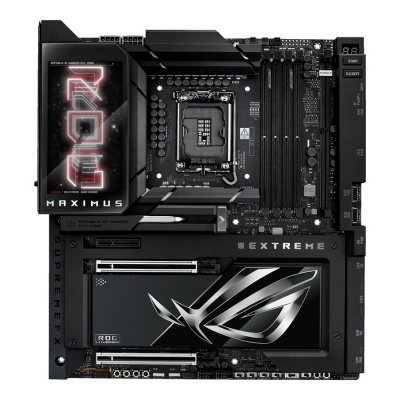Placa-mãe preta para computador com iluminação ROG e texto MAXIMUS EXTREME