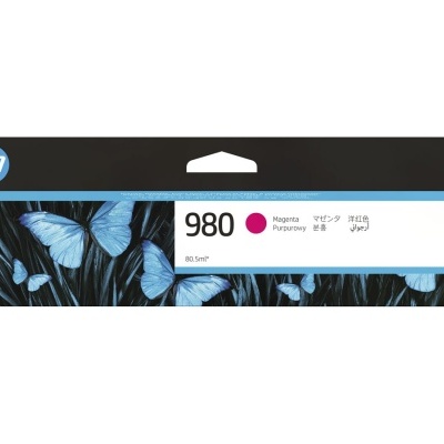 Cartucho de tinta HP 980 Magenta em embalagem preta com borboletas azuis