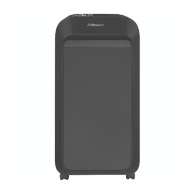 Fragmentador de papel preto Fellowes com rodas pequenas sobre fundo branco