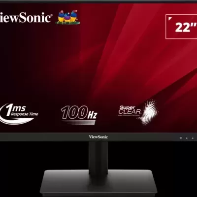 Monitor ViewSonic 22'' preto com texto de especificações no ecrã