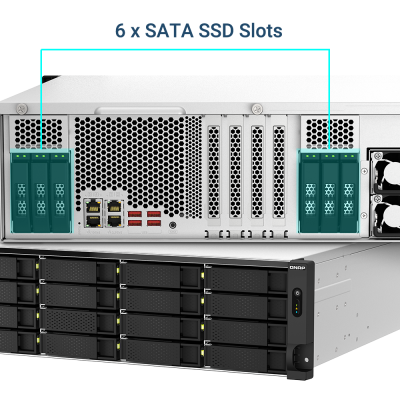 Rack de servidor preto e cinza com múltiplas baías para discos e conexões na parte traseira