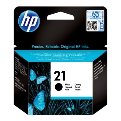 Cartucho de tinta HP 21 preto em embalagem preta com azul e branco