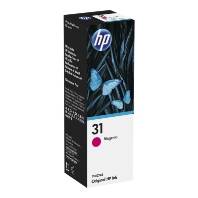 Embalagem de tinta HP 31 Magenta com design de borboletas azuis