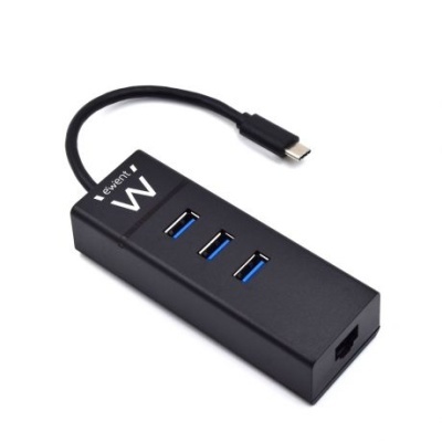 Concentrador USB preto com três portas USB 3.0 e porta Ethernet com cabo USB-C