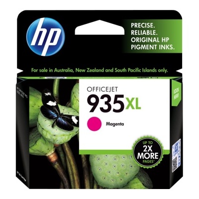 Cartucho de tinta magenta HP OfficeJet 935XL com embalagem preta e verde