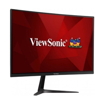Monitor ViewSonic preto com ecrã vermelho e três pássaros no logo