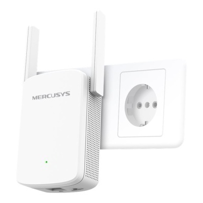 Repetidor Wi-Fi Mercusys branco com duas antenas na tomada