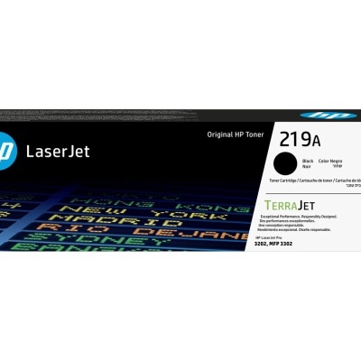 Embalagem de toner HP LaserJet 219A preta e branca com detalhes coloridos