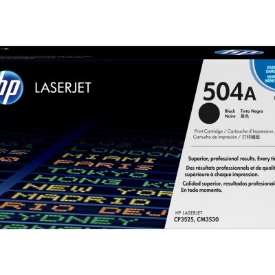 Cartucho de tinta HP LaserJet 504A preto em embalagem preta com texto e logótipo