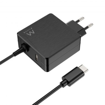 Carregador preto com cabo USB tipo C e plugue europeu