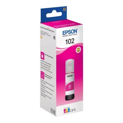 Tinta Epson 102 magenta em frasco com embalagem branca e rosa.