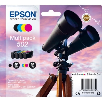 Embalagem de tinteiros Epson Multipack 502 em fundo com imagem de binóculos e céu cor de rosa.