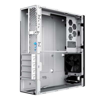 Gabinete de computador metálico cinza prateado com ventoinha preta e recortes para ventilação