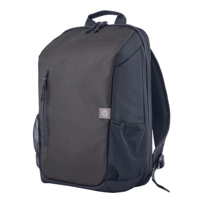 Mochila preta com textura lisa e malha, fecho vertical frontal e logótipo cinza