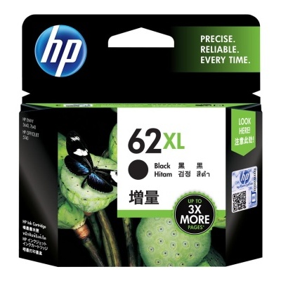 Cartucho de tinta HP 62XL preto em embalagem preta, verde e branco