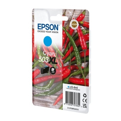Embalagem de tinteiro Epson Cyan 503XL com imagem de pimentos vermelhos e verdes