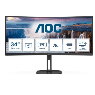 Monitor curvo AOC 34 polegadas com base preta e fundo de cascatas.